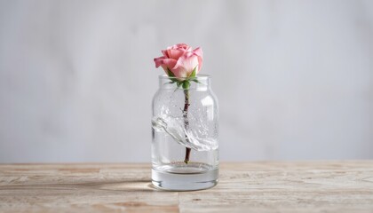 Fresh pink rose in glass vase with water splash on wooden table and light background