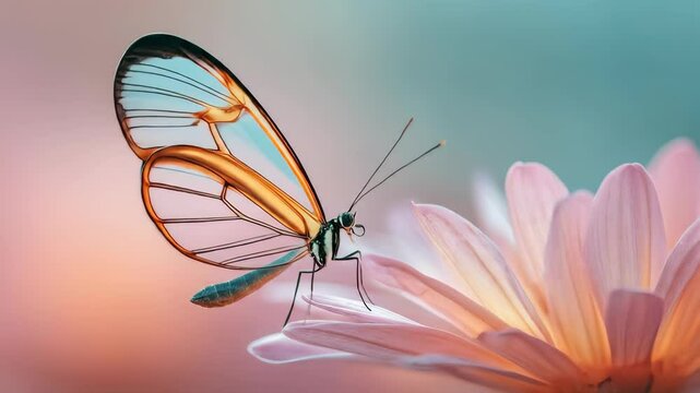 Delicate glasswing butterfly rests gently on a soft pink daisy beautiful ethereal insect translucent wings artistic nature photograph calming