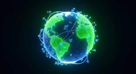 Obraz premium 3D illustration of a glowing digital globe with vibrant green continents and blue oceans, showcasing interconnected data points and a futuristic design concept for global connectivity
