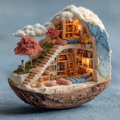 Pastel-colored micro library inside walnut shell with books, cushions and ladders, detailed wood textures and dreamy soft light Generative AI