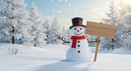 Obraz premium Cheerful snowman holding a blank wooden sign in a snowy winter landscape. Festive copy space for Christmas and New Year greeting cards 