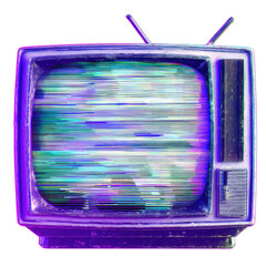 Vintage Television with Glitch Effect and Colorful Distortion Background