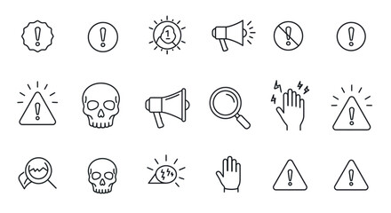 Minimalist alert and warning icons set with symbols of caution and danger vector illustration