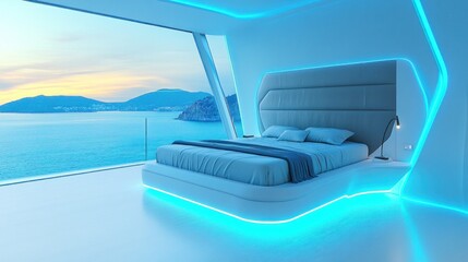 Modern bedroom with ocean view.