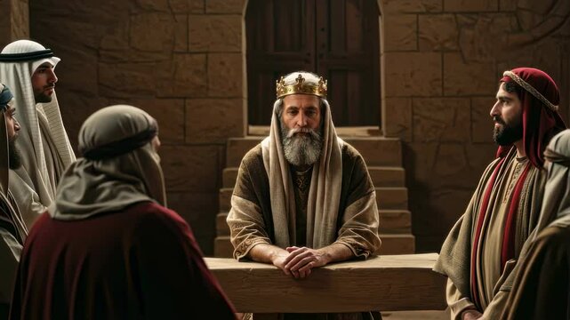 King Herod meets with wise men, a biblical Christmas story. Magi came to Herod, christianity concept video.