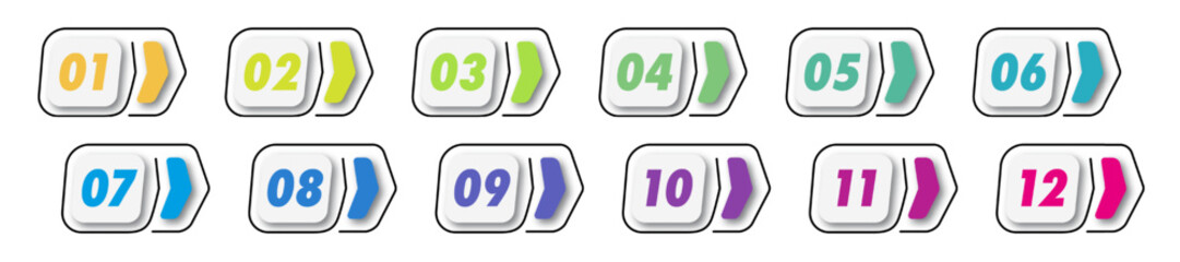 Bullet points numbers from 1 to 12 list markers modern style colorful trendy typography vector