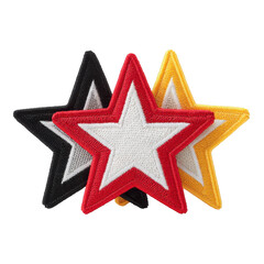 Three embroidered star patches in red, black, and yellow are layered together, showcasing vibrant and textured design. These patches can be used for clothing decoration or crafts