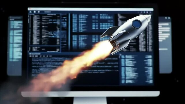 Rocket Launch Software Startup Concept, 3D Animation, Coding, Innovation Software, Startup
