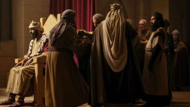 Three kings, magi, or wise men visiting King Herod, seeking whereabouts of new born Jesus, biblical scene footage.