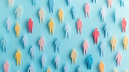 A diverse array of paper human figures are arranged on a light blue background in a flat lay, symbolizing diversity and inclusion