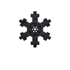 Obraz premium Black snowflake design with central circular pattern and symmetrical arms, resembling wheel or gear, set against transparent background