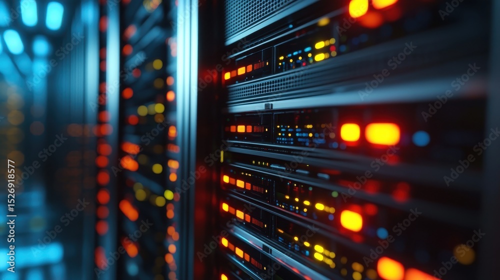 Poster close-up of illuminated server racks in a high-tech data center, representing cloud computing, netwo
