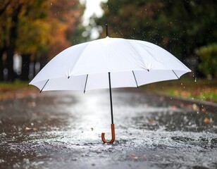 White umbrella in rainy park