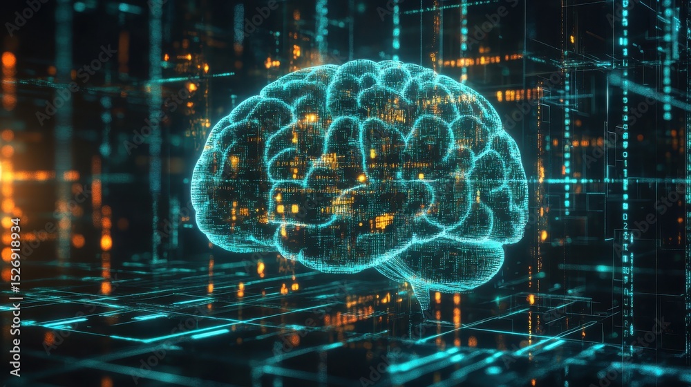 Poster image depicts digital representation of brain, symbolizing artificial intelligence and robotics, sur