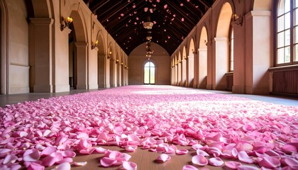 Pink rose petals cover a long hall