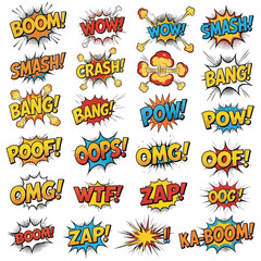 Collection of comic book speech bubbles with various exclamations and sound effects on white background