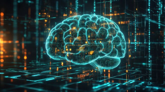 image depicts digital representation of brain, symbolizing artificial intelligence and robotics, surrounded by glowing data streams and code