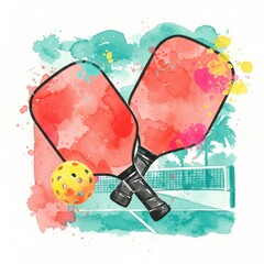 Watercolor illustration of pickleball paddles and a yellow ball against a vibrant background, emphasizing a sport theme