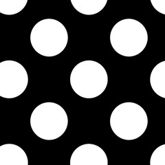 Seamless pattern of black polka dots on dark gray background creates bold and modern design. evenly spaced circles add playful yet sophisticated touch, ideal for various creative projects