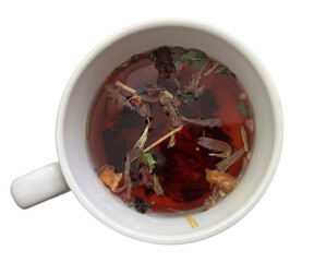 Herbal aromatic tea in a white cup. 