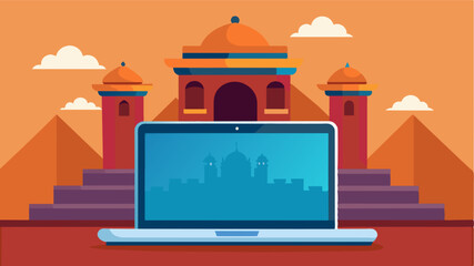 The modern angle of a laptop screen standing out against the traditional architecture of a historically preserved fort.. Vector illustration