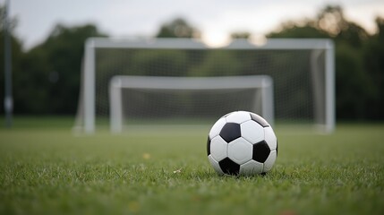 A soccer ball rests on lush green grass before a blurred goalpost.