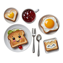 Vector illustration of a cute breakfast set with smiling toast, fried egg, jam, fork and spoon. Adorable kawaii style on white background, perfect for food-themed designs and products.