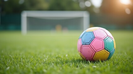 A vibrant, multicolored soccer ball lies on a lush, green field.