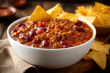 Hearty bowl of chili with kidney beans and tortilla chips