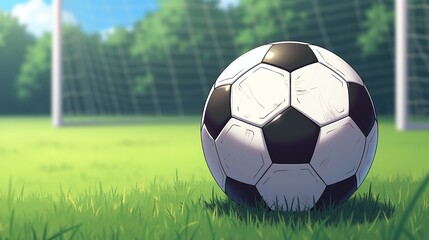A solitary soccer ball rests on a verdant grass field, with a blurred goalpost in the background.