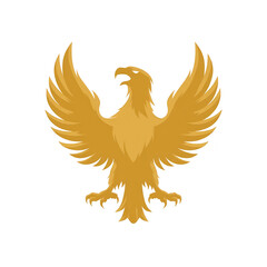 Fototapeta premium Golden eagle emblem with outstretched wings symbolizes strength and freedom. majestic design features intricate feather details and fierce expression, evoking power and elegance