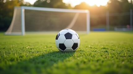 A soccer ball lies on a verdant field under a setting sun.