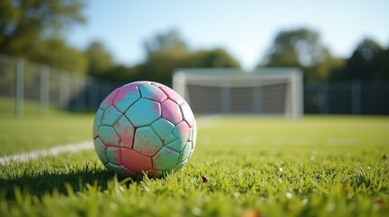 A vibrant soccer ball on a verdant field near a goalpost.