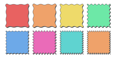Square Wavy Shape Retro Label Badge Elements Set. Aesthetic Shape Colorful Box With Shadow.