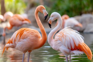 Two flamingos in vibrant plumage displaying courtship behavior at water's edge