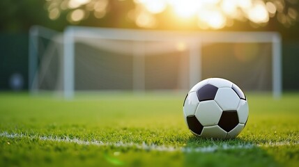 A soccer ball rests on the green grass near a blurred football goal.