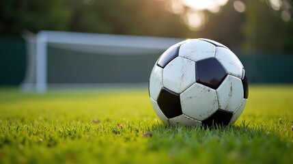 A soccer ball rests on a grass field, with a blurred goalpost in the background.