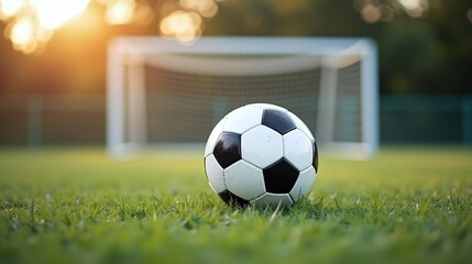 A soccer ball lies on a grassy field in front of a blurred goalpost.
