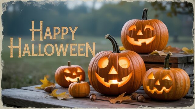 Happy halloween jack olantern pumpkins autumn scene