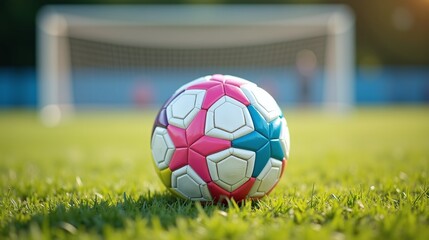 A vibrant soccer ball rests upon a verdant field, the goalposts standing stark in the background.