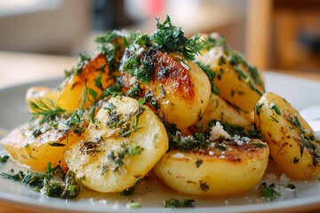 Roasted potatoes with fresh herbs and parmesan on white plate