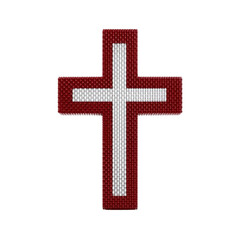 Fototapeta premium Red and white beaded cross with textured surface, symbolizing faith and spirituality, is displayed against plain background. intricate beadwork adds handcrafted touch