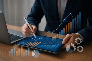 Businessman analyzing financial data on tablet