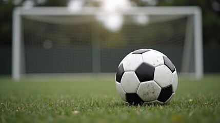 A soccer ball rests on grass in front of a blurred goalpost.