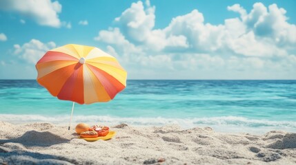 Colorful beach umbrella with snacks on sandy shore, summer relaxation