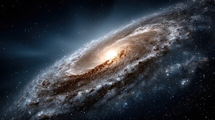 Fototapeta premium A magnificent spiral galaxy showcases a bright center with swirling arms filled with stars and cosmic dust. The scene captures the beauty and enormity of space, revealing countless celestial bodies.