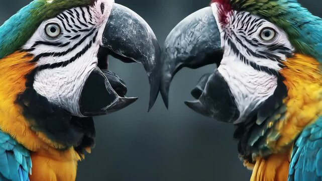 Two vibrantly colored macaw parrots face each other their intricate feathers showcasing a symphony of blues yellows and reds
