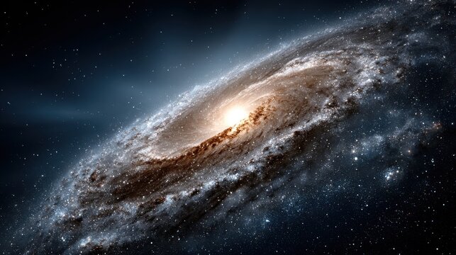 A magnificent spiral galaxy showcases a bright center with swirling arms filled with stars and cosmic dust. The scene captures the beauty and enormity of space, revealing countless celestial bodies.
