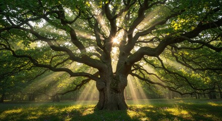 Ancient Oak Sunlight Symphony - A majestic ancient oak tree bathed in the golden rays of morning sunlight, symbolizing strength, wisdom, longevity, nature's power, and tranquility