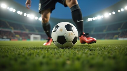 A soccer player's legs approach a ball on a grassy field under stadium lights.